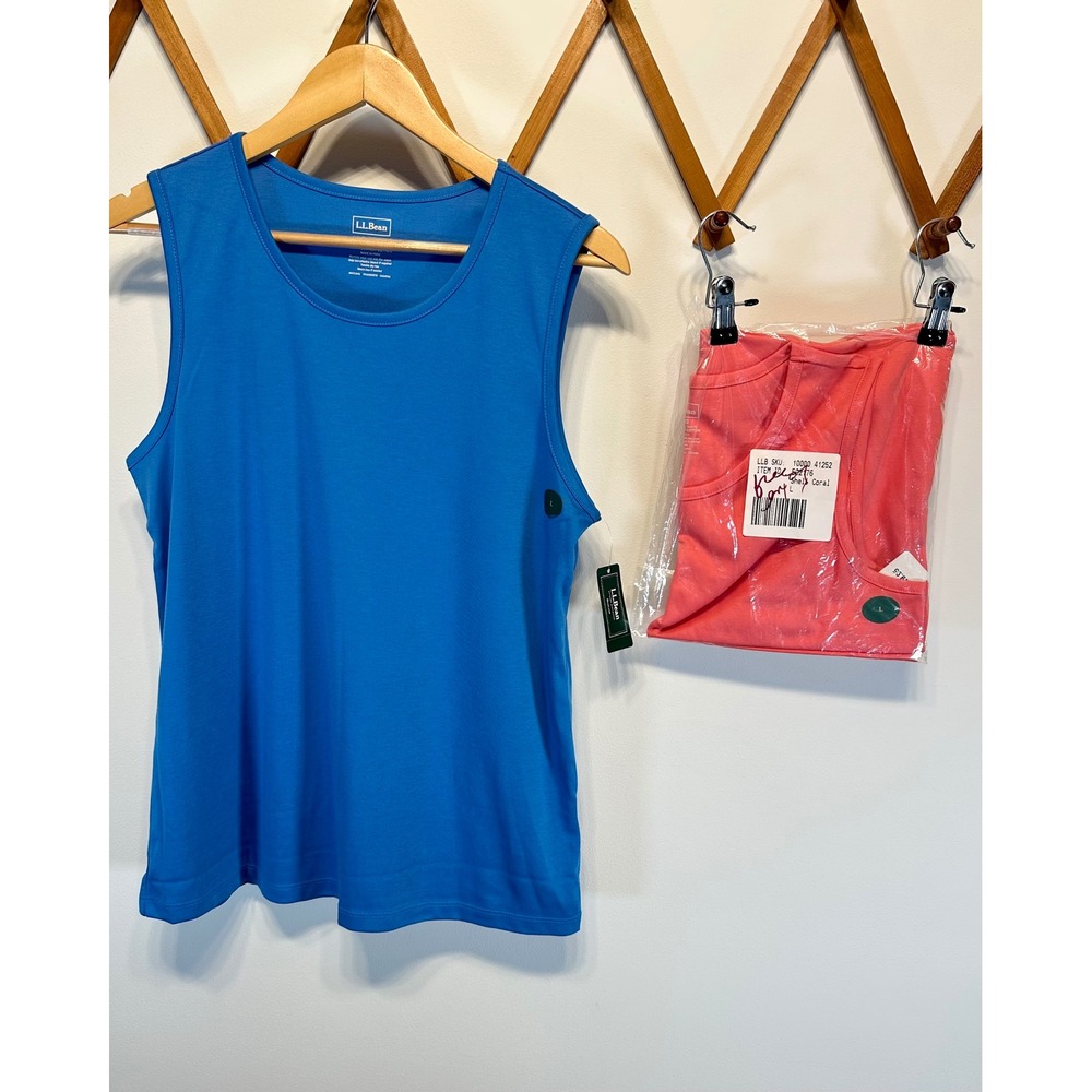 Two New L.L. Bean Pima Cotton Tank Tops - Large - Blue & Coral Pink - lot